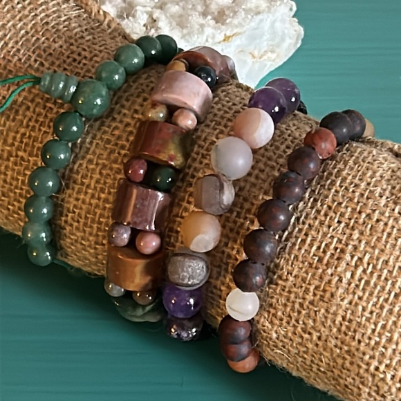 4 Piece Collection Amethyst Jasper Agate Multi Gemstone Bead Stretch Bracelets - Picture 2 of 9
